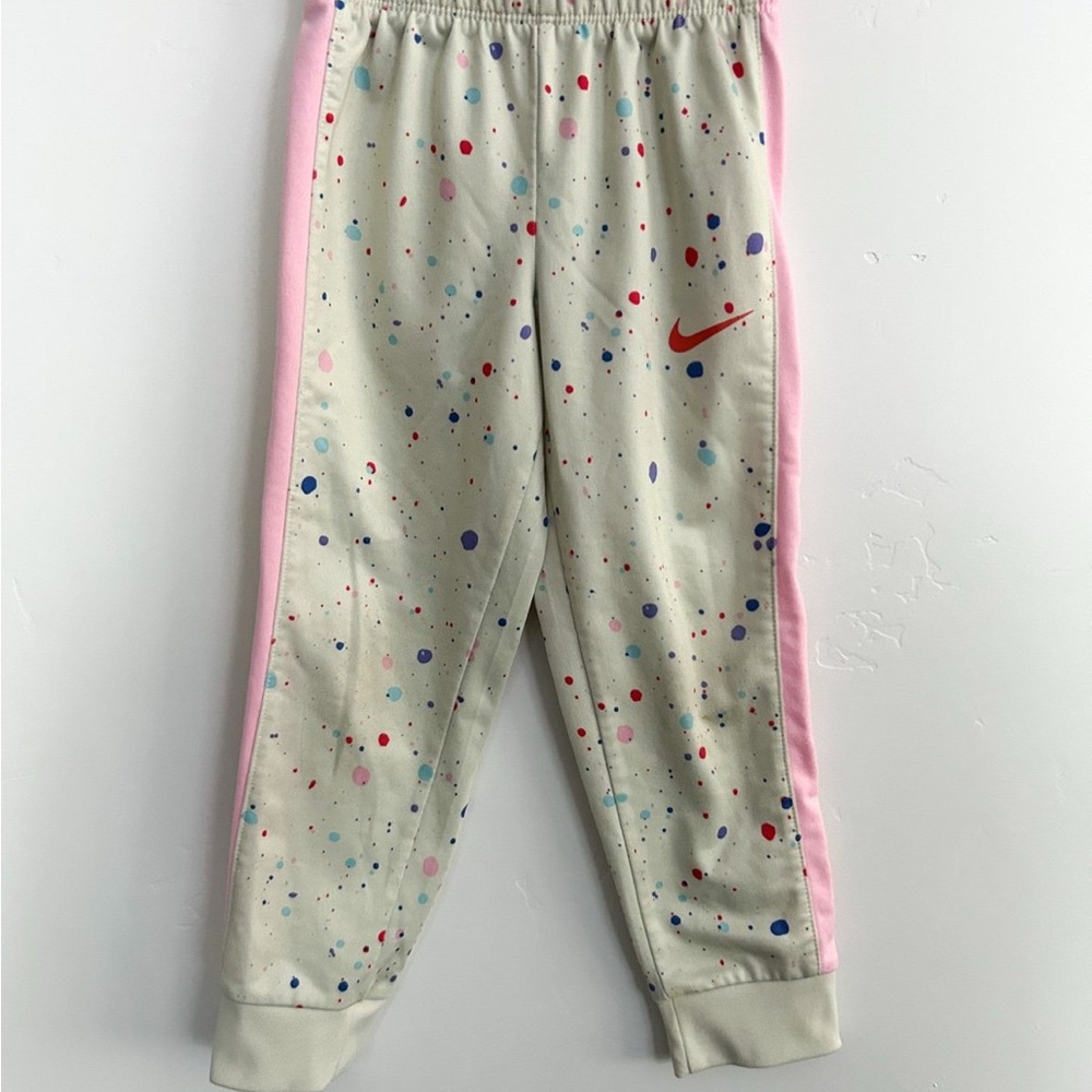 Nike Cream Joggers with Colorful Splatter and Pink Stripes